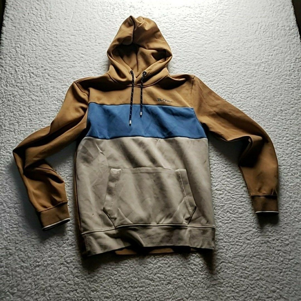Ben Sherman Hoodie Mens Small Tan Blue Colorblock Pullover Kangaroo Pocket‎ Logo